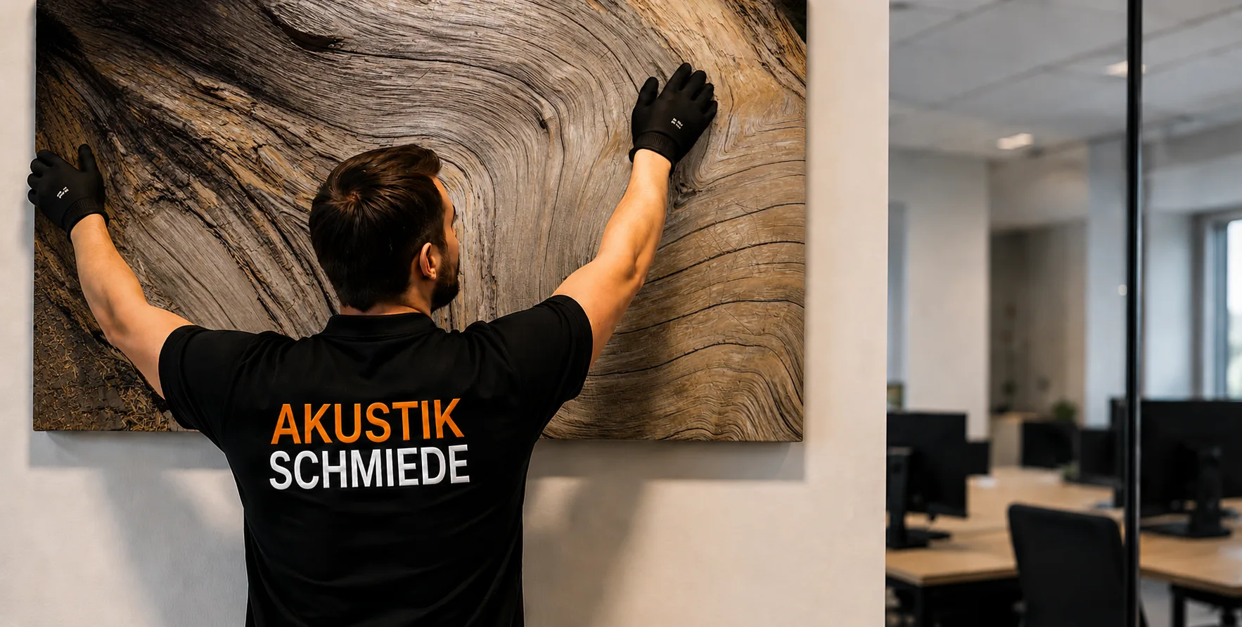 Ein Mitarbeiter der Akustikschmiede Plauen bei der Montage eines Akustik Wandelementes